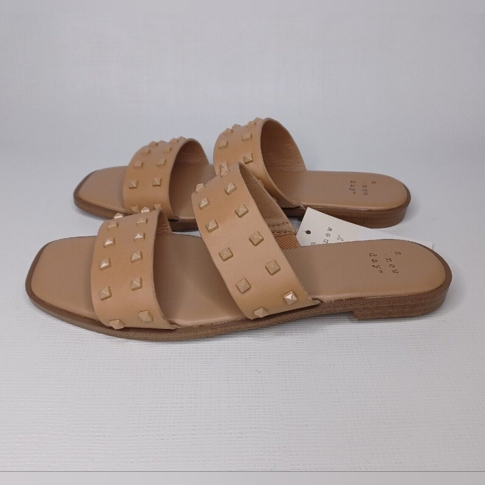 NWT A New Day Women's Stella Two Band Studded Sandals, Tan, Size 9